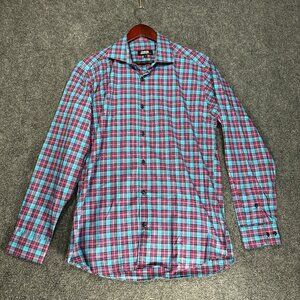 Unsimply Stitched Shirt Mens Medium Blue Pink Plaid Cotton Long Sleeve Button Up